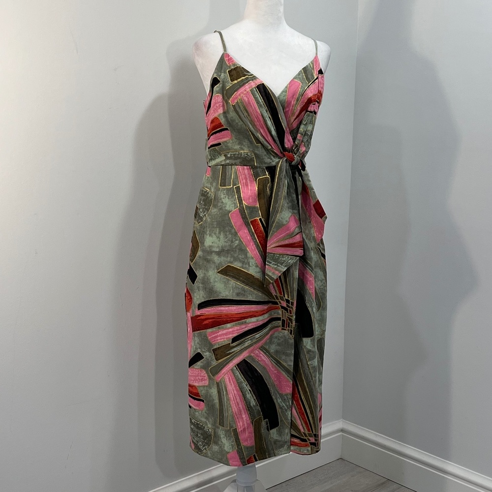 Nwt Jason Wu Abstract Print Linen Blend Faux Wrap… - image 1